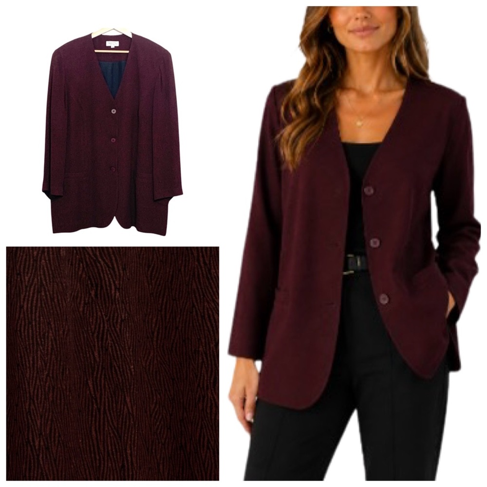 Tamotsu New York Vintage 80’s Black Burgundy Animal Print Jacket Blazer Size XL